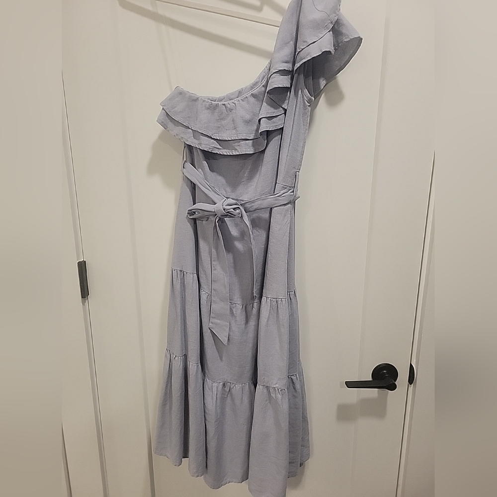 NICOLE MILLER Blue Asymmetric One Shoulder Ruffle Linen Tiered Belted Dress S